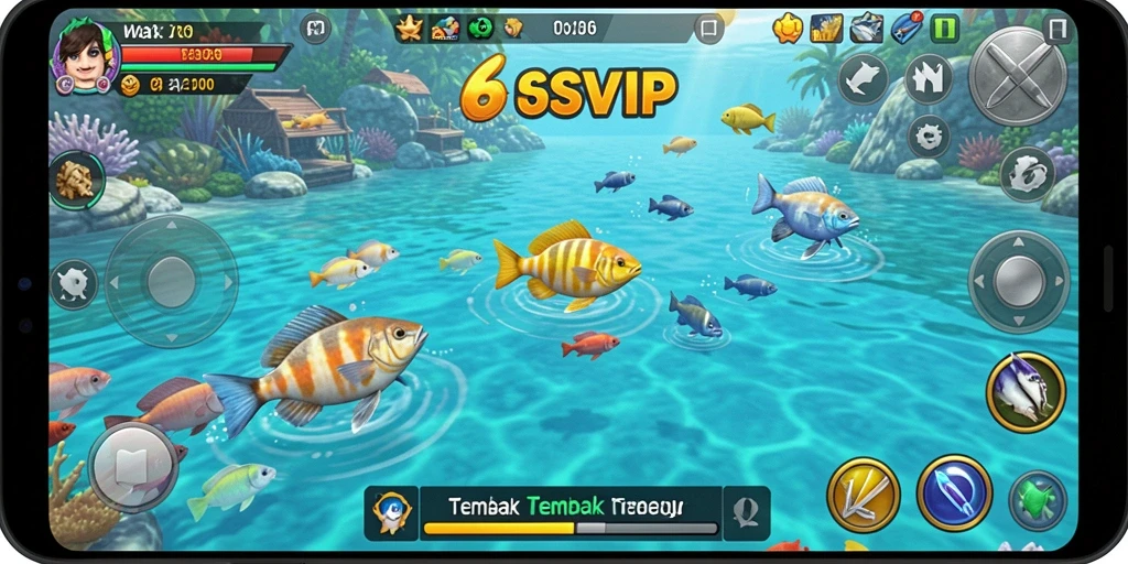 Tampilan gameplay seru dalam 6SVIP dengan berbagai ikan berwarna-warni.