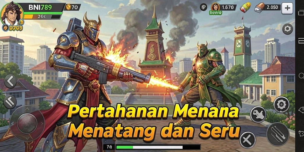 Tampilan gameplay BNI789 dengan menara dan serangan musuh yang intens.