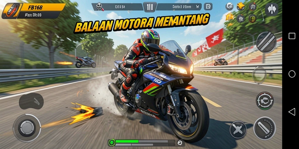 Screenshot FB168 menunjukkan aksi balapan motor yang mendebarkan di trek yang menantang.