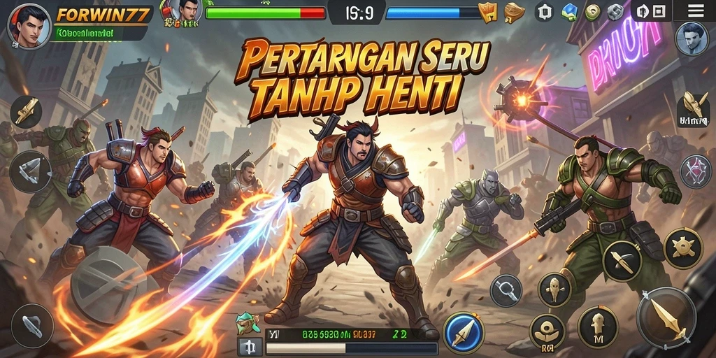 Tampilan pertarungan seru di FORWIN77 dengan karakter penuh aksi.