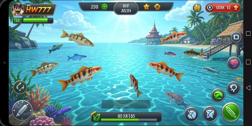 Screenshot gameplay <strong>HW777</strong> menampilkan aksi tembak ikan yang seru dan mengasyikkan.