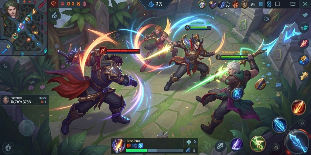 Screenshot menunjukkan pertarungan seru dalam gameplay MOBA ID678.