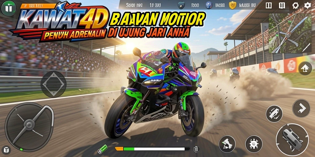 Screenshot KAWAT4D menunjukkan aksi balapan motor yang mendebarkan.
