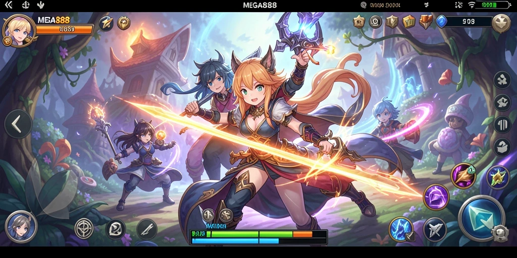 Screenshot utama MEGA888 menampilkan karakter anime dalam pertarungan epik.