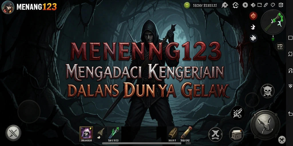 Tampilan gameplay menakutkan di dalam MENANG123 dengan suasana gelap.