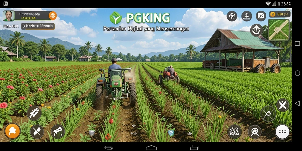Tampilan gameplay PGKING yang menampilkan lahan pertanian yang subur dan aktif.