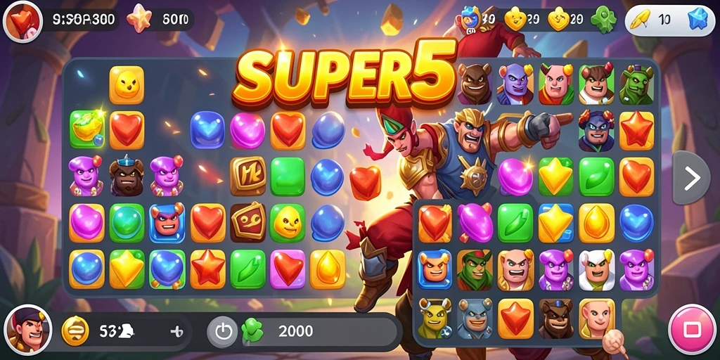 Screenshot gameplay menunjukkan serunya mencocokkan buah di SUPER5.