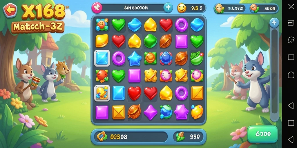 Screenshot gameplay X168 yang menampilkan kombinasi warna cerah dan tantangan Match-3.